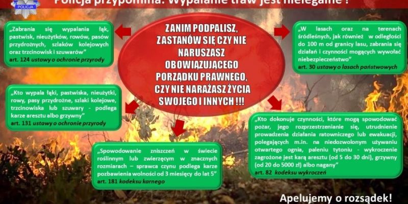 Policja ostrzega - wypalanie traw jest niebezpieczne i niedozwolone!