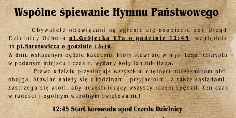 Wspólne śpiewanie Hymnu Narodowego na Placu Narutowicza